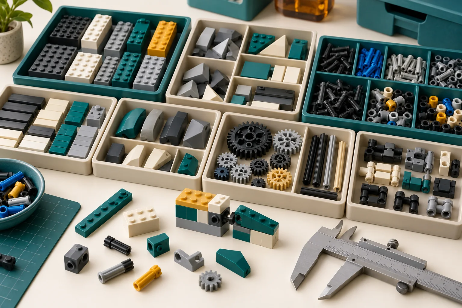 Custom building block components, gears and connectors organized for quality inspection