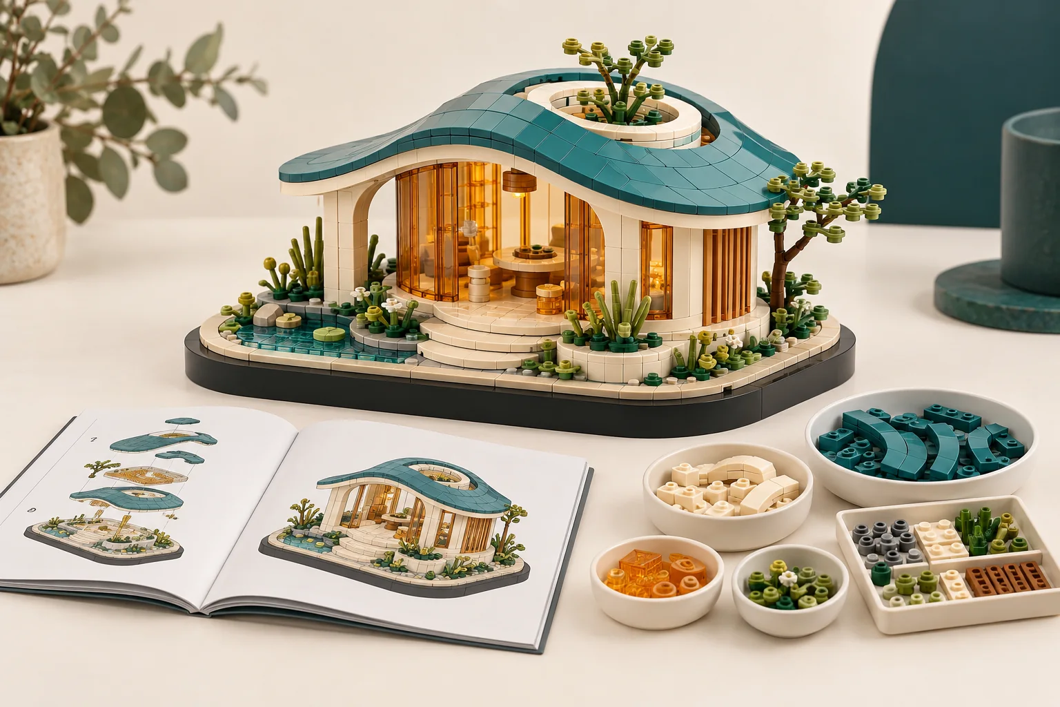 Original custom building block eco pavilion kit with instructions and sorted parts