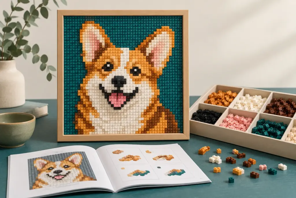 Custom photo pixel art building block kit with assembly instructions and sorted parts