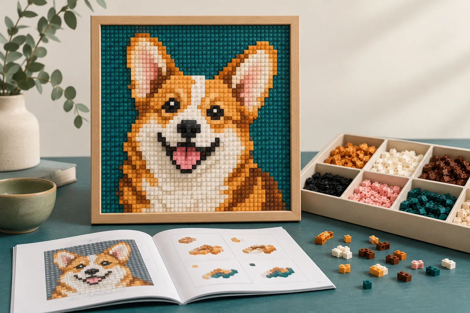 Custom photo pixel art building block kit with assembly instructions and sorted parts