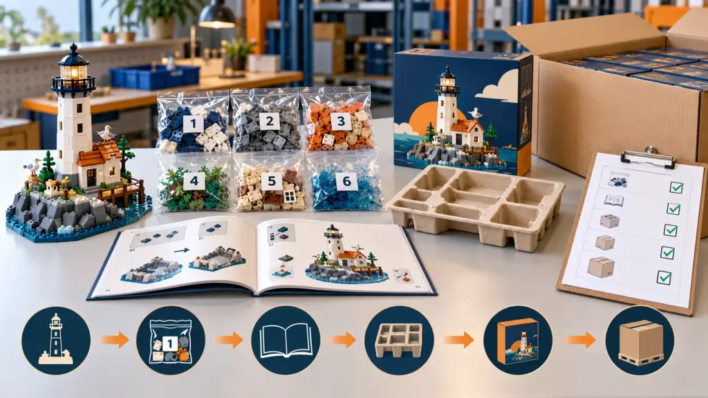 Building block kit packaging workflow with numbered bags, instructions, insert and retail box