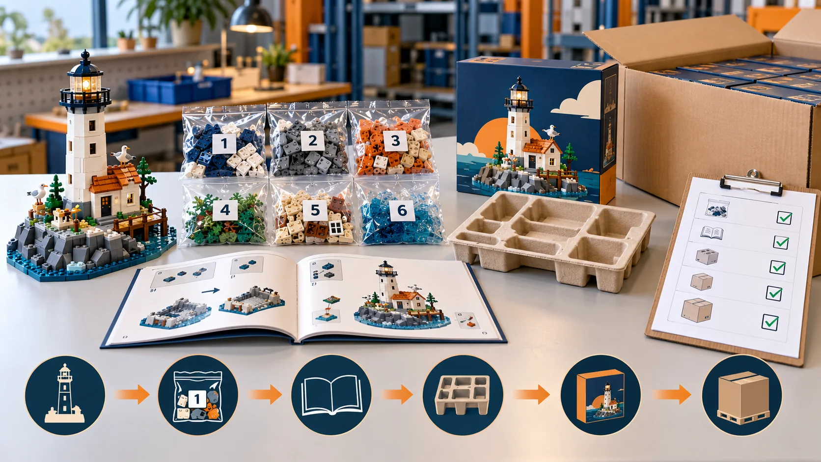 Building block kit packaging workflow with numbered bags, instructions, insert and retail box