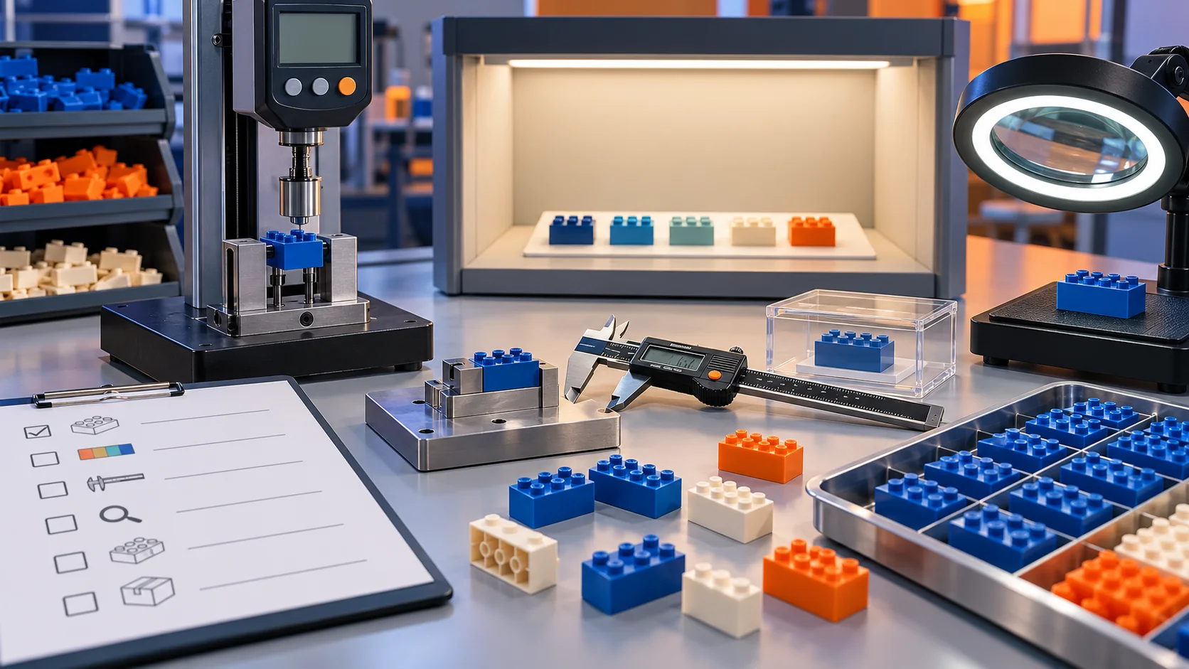 Building block parts quality control for clutch, color, dimensions and batch consistency