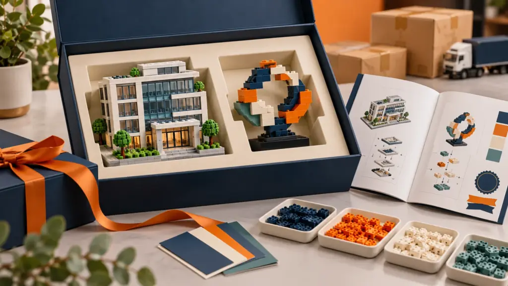Custom corporate building block gifts in premium presentation packaging with instructions and color samples