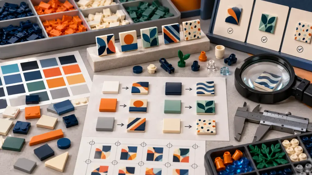 Custom printed building block tiles and accessories undergoing artwork and quality review