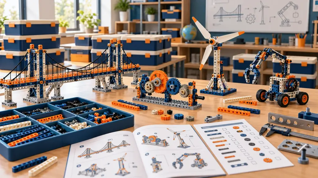 Custom STEAM classroom kits with building block bridge, gears, wind turbine, mechanical parts and guides