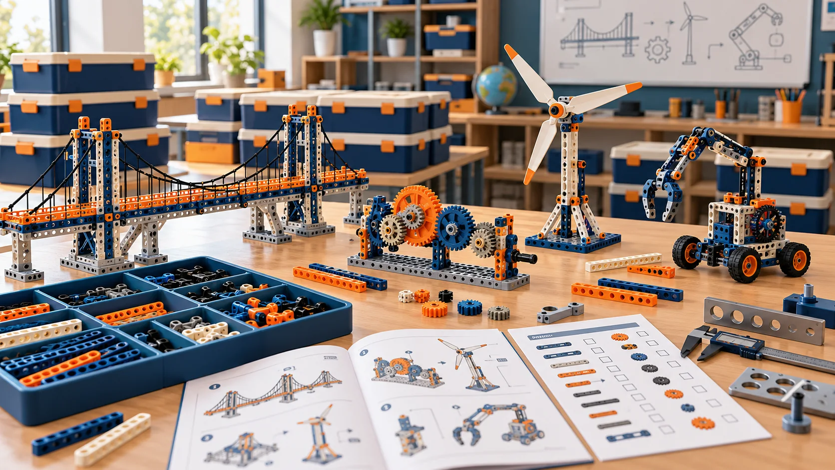 Custom STEAM classroom kits with building block bridge, gears, wind turbine, mechanical parts and guides
