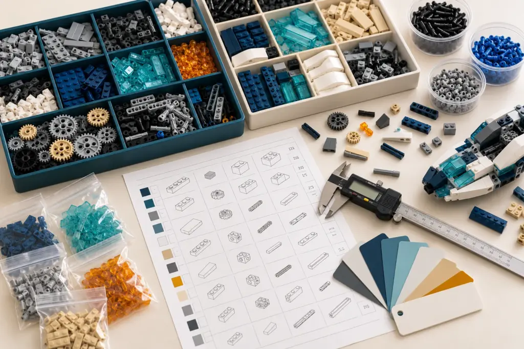 Organized compatible building block parts, MOC bill of materials, calipers, color samples and small-batch bags