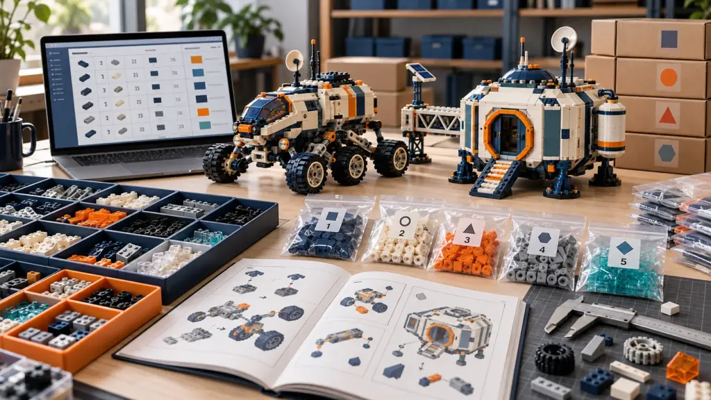 Original MOC models with BOM, sorted compatible parts, numbered bags and assembly instructions