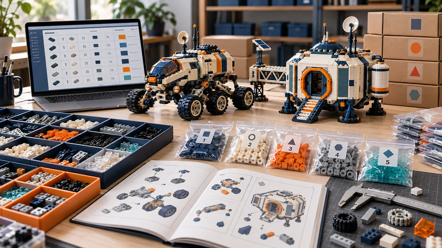 Original MOC models with BOM, sorted compatible parts, numbered bags and assembly instructions