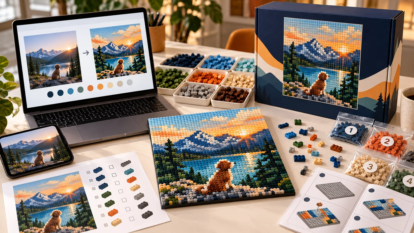 Photo transformed into a custom pixel building block mosaic kit with sorted colors and instructions