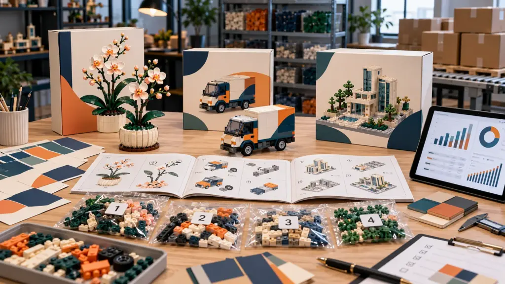 Private label building block sets with retail boxes, numbered parts bags, instructions and inventory planning