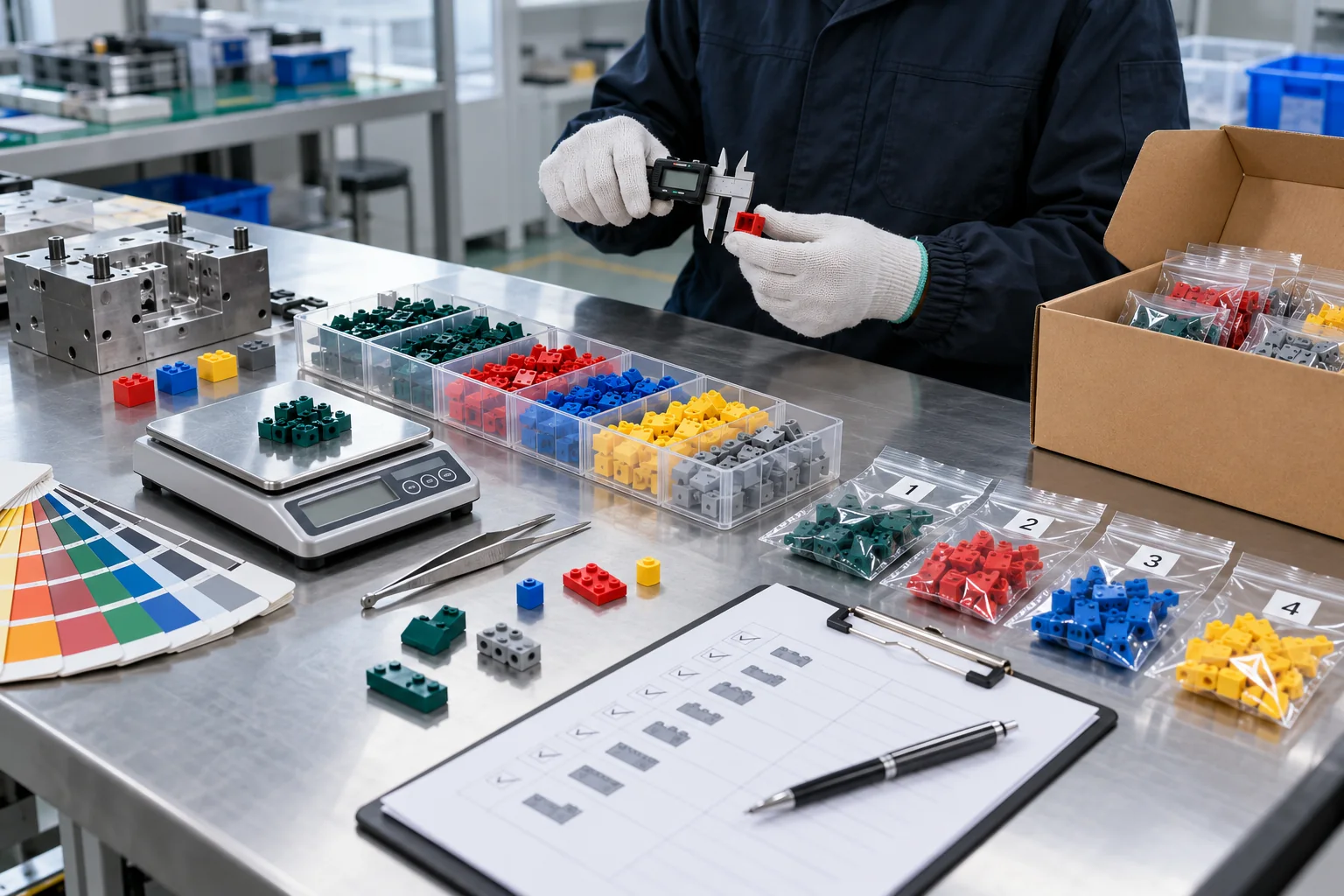 Small-batch custom building block parts undergoing measurement, color matching, counting and bagging in a quality-control workspace