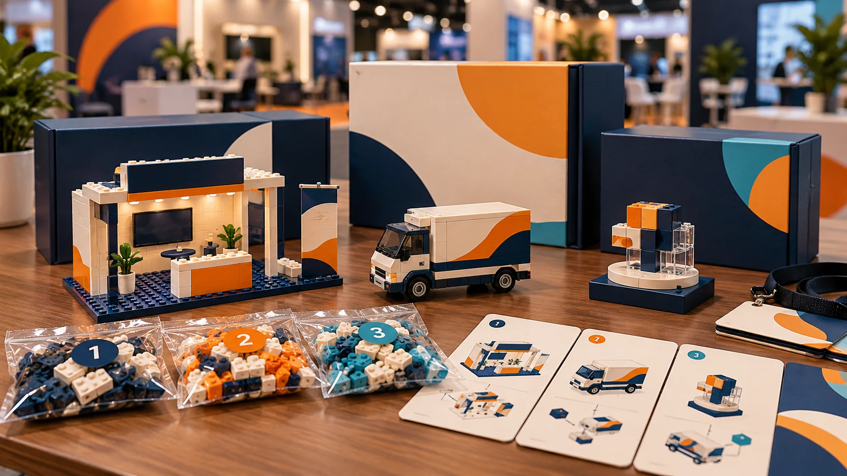 Custom mini building block kits with numbered bags and event gift packaging